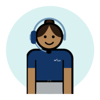 TUH staff employee avatar wearing headset on light blue background