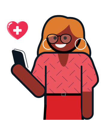 female avatar wearing red shirt holding mobile phone with medical heart icon