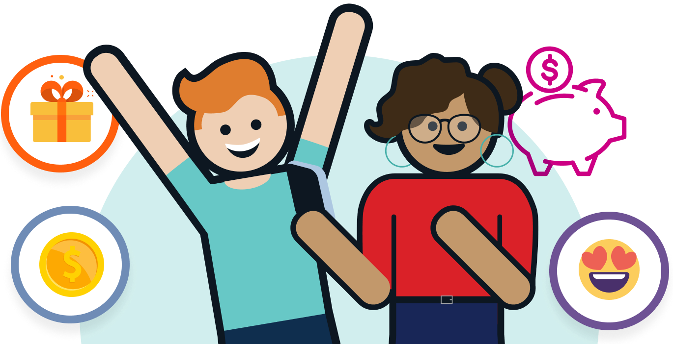 avatar with red hair wearing blue shirt with female avatar with red shirt holding mobile phone on light blue background