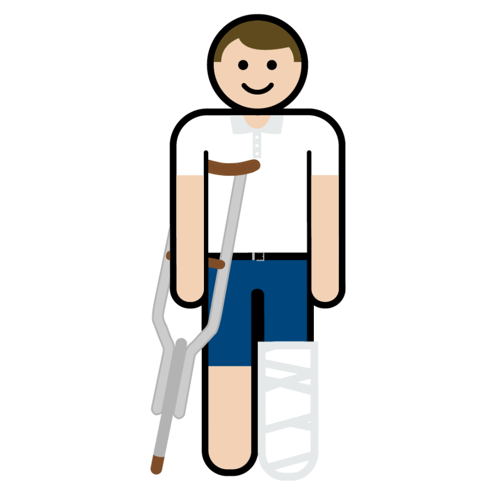 male avatar with brunette hair and white shirt holding crutch and plaster cast on leg