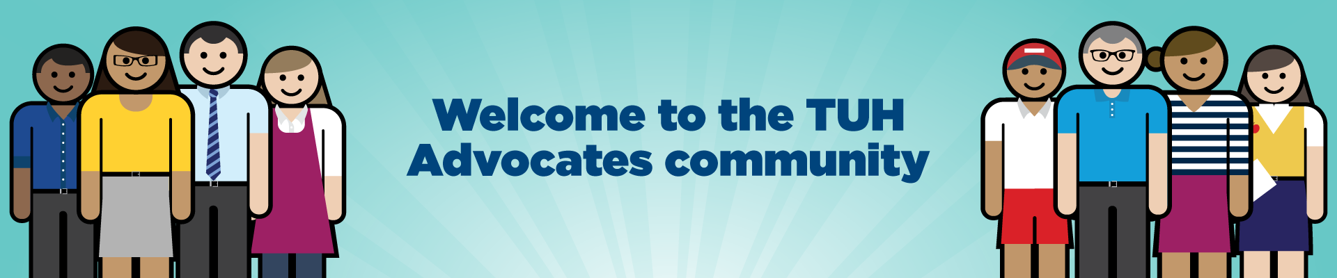 avatars on blue background saying 'welcome to the TUH advocates community'