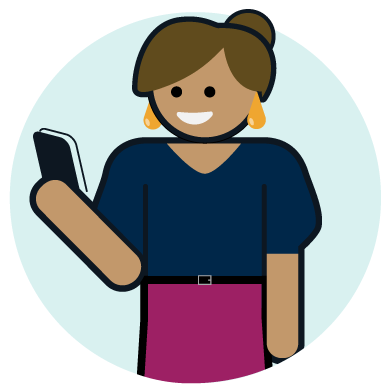 female avatar with brunette hair holding phone wearing navy shirt and purple skirt