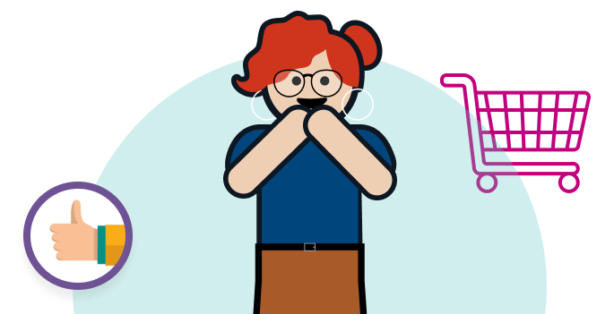 female avatar with red hair in ponytail wearing blue shirt and brown skirt showing pink shopping cart and thumbs up symbol