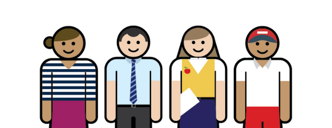 male teacher avatar wearing blue shirt and female teacher avatar wearing yellow vest with apple