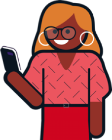 female avatar with blonde hair wearing pink top and red skirt holding mobile phone